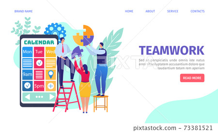 Teamwork calendar, flat time schedule design vector illustration. People manager character at business office, work organization concept. 73381521