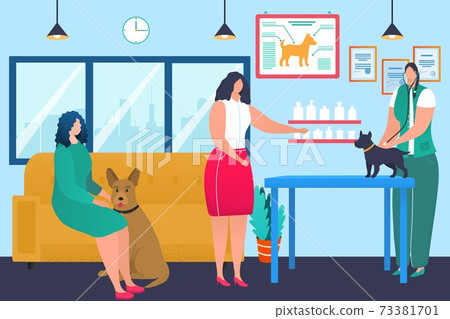 Veterinary clinic concept, doctor veterinarian care about dog pet, vector illustration. Cartoon person character at hospital vet examination. 73381701