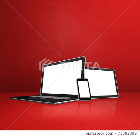 Laptop, mobile phone and digital tablet pc on red office desk 73382399