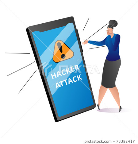 Modern technology cyber security protection, criminal attack to mobile phone, woman frighten flat vector illustration, isolated on white. Modern technology cyber security protection, criminal attack to mobile phone, woman frighten flat vector illustration, isolated on white. 73382417