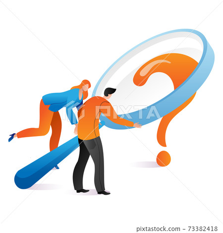 Woman and man hold magnifying glass, solution business issue, question mark cartoon vector illustration, isolated on white. Woman and man hold magnifying glass, solution business issue, question mark cartoon vector illustration, isolated on white. 73382418