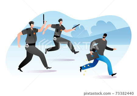 Officer policeman male character running pursue felon with stolen stuff, steal money cash flat vector illustration, isolated on white. Officer policeman male character running pursue felon with stolen stuff, steal money cash flat vector illustration, isolated on white. 73382440