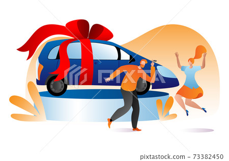 Lovely family celebrate win lottery vehicle, male character hold car key, female happy jumping flat vector illustration, isolated on white. Lovely family celebrate win lottery vehicle, male character hold car key, female happy jumping flat vector illustration, isolated on white. 73382450