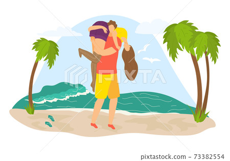 Tropical travel weekend vacation, lovely couple male character hold on shoulder female flat vector illustration, isolated on white. 73382554