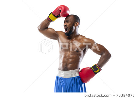 Bright emotions of professional boxer isolated on white studio background, excitement in game 73384075