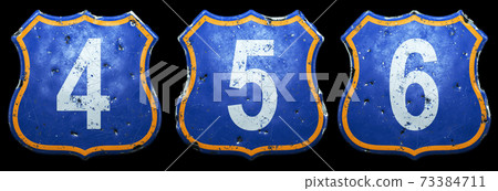 Set of Public road signs in blue and orange color with a white numbers 4, 5, 6 in the center isolated black background. 3d Set of Public road signs in blue and orange color with a white numbers 4, 5, 6 in the center isolated black background. 3d 73384711