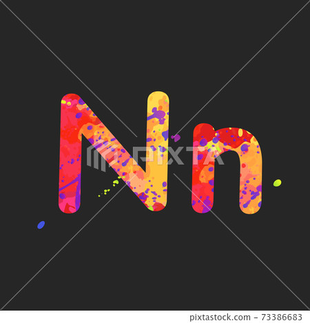 Letters N uppercase and lowercase with effect of liquid spots of paint in red, purple, yellow colors, isolated on dark grey Letters N uppercase and lowercase with effect of liquid spots of paint in red, purple, yellow colors, isolated on dark grey 73386683