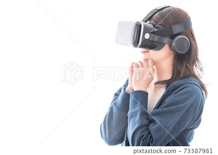 A woman who enjoys virtual reality (VR) with a head-mounted display 73387981
