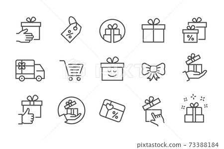 Gift box icon set. Collection of present, package, discount, ribbon and more. Vector illustration. Editable stroke. 73388184