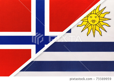 Norway and Uruguay, symbol of national flags from textile. Norway and Uruguay, symbol of national flags from textile. 73389959