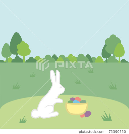 Green spring sunny lawns with white rabbit, basket with eggs, trees. Easter Greeting card, background. Copyspace for text 73390530
