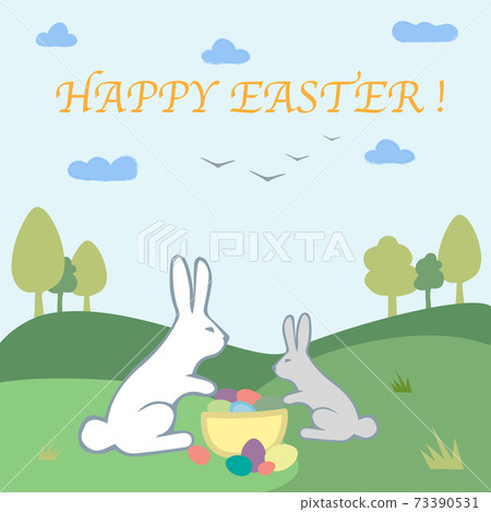 Green spring sunny lawns with bunnies, eggs, trees. Easter Greeting card, background made in vector. 73390531