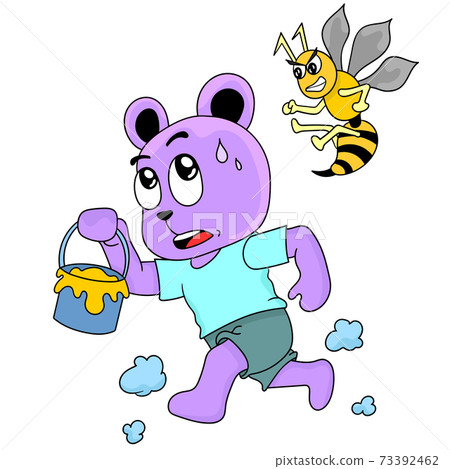 Bear is running chased by bees for stealing honey 73392462