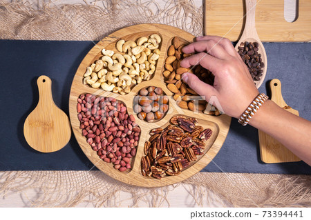 Mix of nuts top view. Walnuts, cashew, almond, pecan, hazelnut, peanuts Healthy various super food selection Mix of nuts top view. Walnuts, cashew, almond, pecan, hazelnut, peanuts Healthy various super food selection 73394441