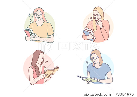 Reading interesting or boring book set concept Reading interesting or boring book set concept 73394679