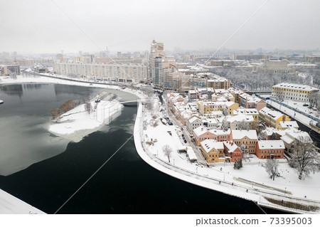 Snow-covered city center of Minsk from a height. The upper city. Belarus 73395003