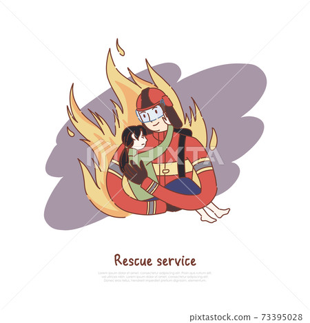 Brave firefighter holding little girl, dangerous profession, rescuer with child, emergency rescue service banner 73395028
