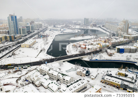 Snow-covered city center of Minsk from a height. The upper city. Belarus 73395055
