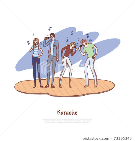 Young friends having fun together, happy men and women holding microphones, musical performance, karaoke concert banner 73395343