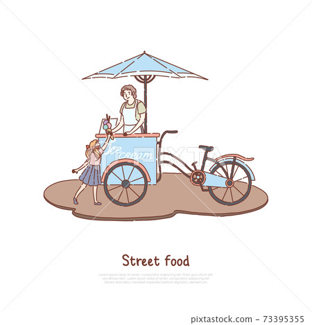Woman in apron selling sweet dessert, vendor and little child, delicious dairy, summer refreshment, street food banner Woman in apron selling sweet dessert, vendor and little child, delicious dairy, summer refreshment, street food banner 73395355
