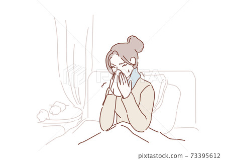 Ill young woman caught cold sneezing in tissue at home , sick allergic girl blowing wiping running nose got flu rhinitis sinusitis coughing, having seasonal allergy symptoms at workplace in bed at Ill young woman caught cold sneezing in tissue at home , sick allergic girl blowing wiping running nose got flu rhinitis sinusitis coughing, having seasonal allergy symptoms at workplace in bed at 73395612
