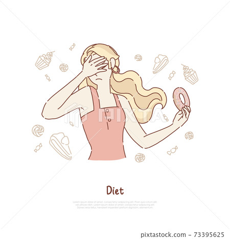 Young woman covers face, girl holding delicious doughnut, junk food refusing, willpower test, diet banner Young woman covers face, girl holding delicious doughnut, junk food refusing, willpower test, diet banner 73395625