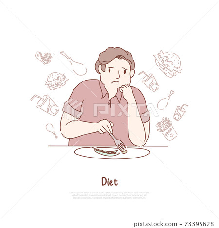 Unhappy obese man eating beans, dreaming about delicious hamburgers and fries, weight loss, healthy nutrition banner 73395628