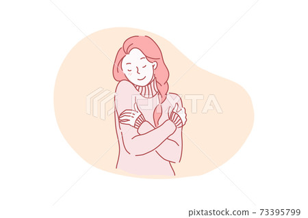 Vector illustration attractive, charming, well-groomed beautiful, beautiful, gentle, calm cheerful young girl hugging herself. Vector illustration attractive, charming, well-groomed beautiful, beautiful, gentle, calm cheerful young girl hugging herself. 73395799