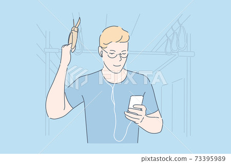 Commuting, using smartphone, bus passenger concept 73395989