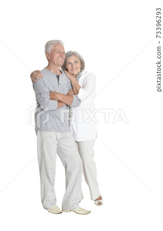 Senior couple hugging isolated on white background, full length 73396293