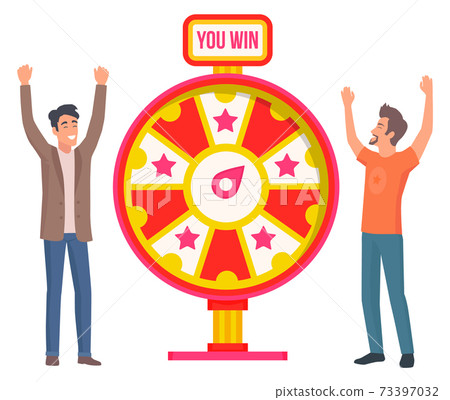 Game fortune wheel concept. People playing risk game with fortune wheel and lottery flat style Game fortune wheel concept. People playing risk game with fortune wheel and lottery flat style 73397032