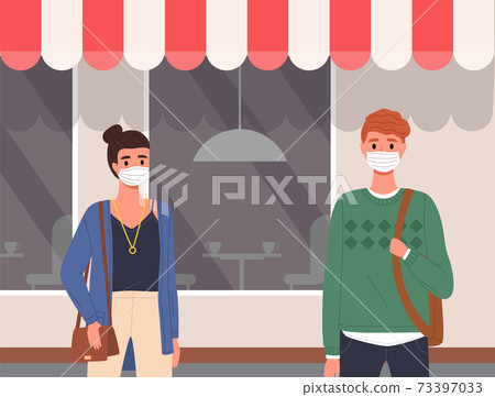 Couple of people is using medical masks. Cartoon characters on the background of a restaurant Couple of people is using medical masks. Cartoon characters on the background of a restaurant 73397033