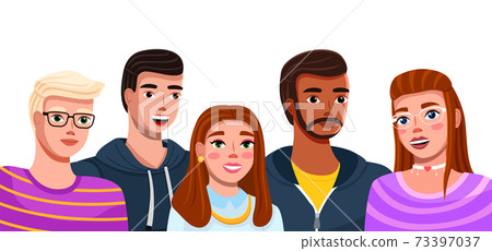 Group of fashion cartoon young people. Teenagers boys and girls standing together isolated on white 73397037