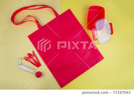 Food set of container with spoon, fork and knife, picnic, with red bag Food set of container with spoon, fork and knife, picnic, with red bag 73397045
