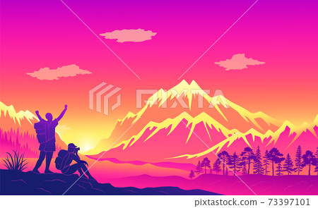 Beautiful mountaine landscape background sunset time. Silhouette of a tourist man taking a photo 73397101