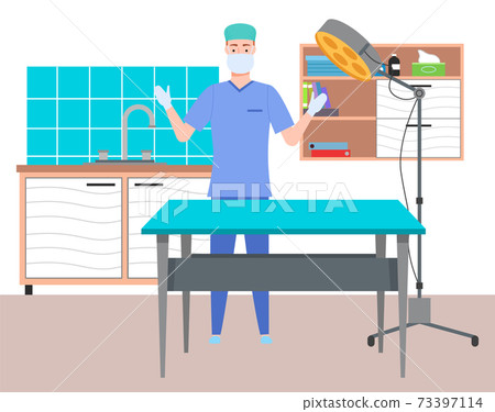 Cartoon male doctor in the medical office in gloves and face mask. Health protection concept 73397114