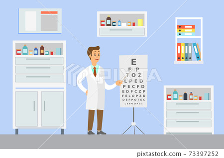 Optometrist points to the table for testing visual acuity. A doctor in a white coat in hospital Optometrist points to the table for testing visual acuity. A doctor in a white coat in hospital 73397252
