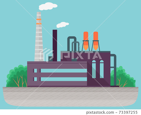 Thermal power station for production of electrical energy with chimneys industrial buildings 73397255