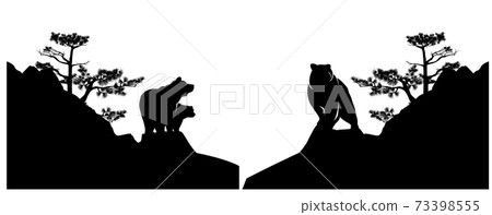black vector silhouette of bear family on pine tree cliff 73398555
