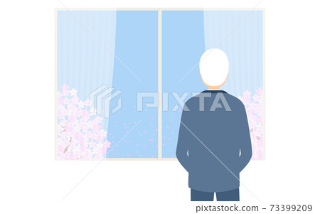 Elderly man looking at the cherry blossoms in full bloom from the window Elderly man looking at the cherry blossoms in full bloom from the window 73399209
