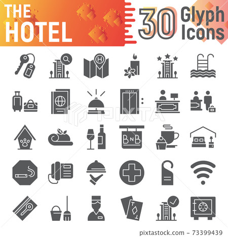 Hotel glyph icon set, service symbols collection, vector sketches, logo illustrations, hostel signs solid pictograms 73399439