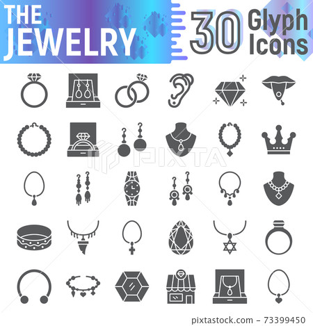Jewelry glyph icon set, accessory symbols collection, vector sketches, logo illustrations, jewel signs solid pictograms package isolated on white background. 73399450