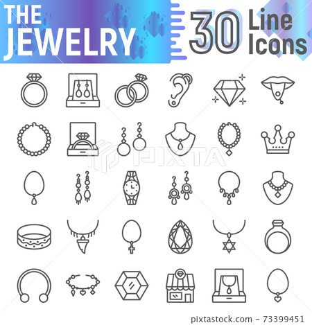Jewelry line icon set, accessory symbols collection, vector sketches, logo illustrations, jewel signs linear pictograms package isolated on white background. Jewelry line icon set, accessory symbols collection, vector sketches, logo illustrations, jewel signs linear pictograms package isolated on white background. 73399451