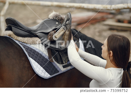 Elegant girl in a farm wiith a horse Elegant girl in a farm wiith a horse 73399752