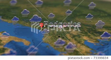 Rainy weather icons near Podgorica city on the map, weather forecast related 3D rendering Rainy weather icons near Podgorica city on the map, weather forecast related 3D rendering 73399834