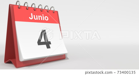 June 4 date written in Spanish on the flip calendar, 3d rendering June 4 date written in Spanish on the flip calendar, 3d rendering 73400135