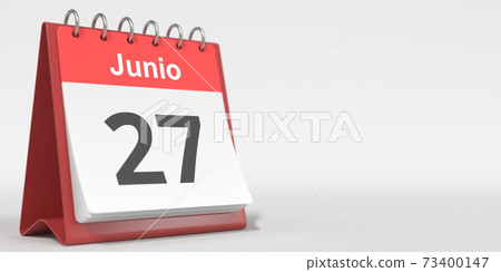 June 27 date written in Spanish on the flip calendar, 3d rendering June 27 date written in Spanish on the flip calendar, 3d rendering 73400147