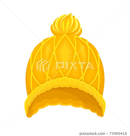 Yellow Knitted Winter Hat with Pompon as Seasonal Headwear Vector Illustration 73400418