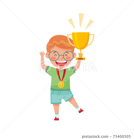 Excited Boy Winner Standing with Gold Cup and Medal Hanging on His Neck Vector Illustration 73400505