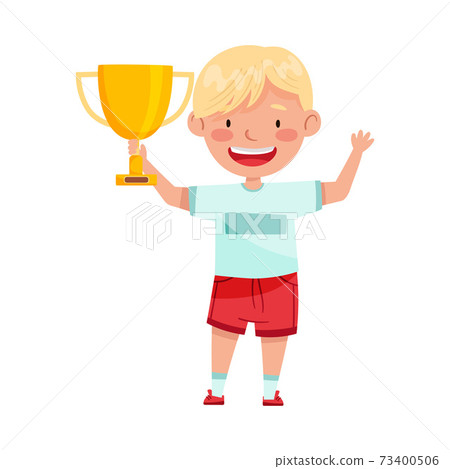 Excited Boy Winner Standing with Gold Cup as Achievement Award Vector Illustration 73400506